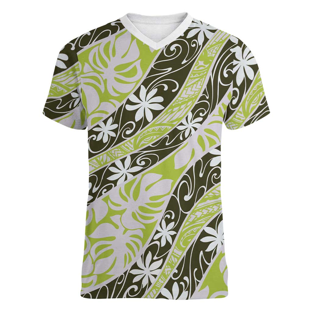 Olive Tahiti Tiare Monstera Women V-Neck T-Shirt Polynesian Pattern Curve Style LT01 Female Olive - Polynesian Pride