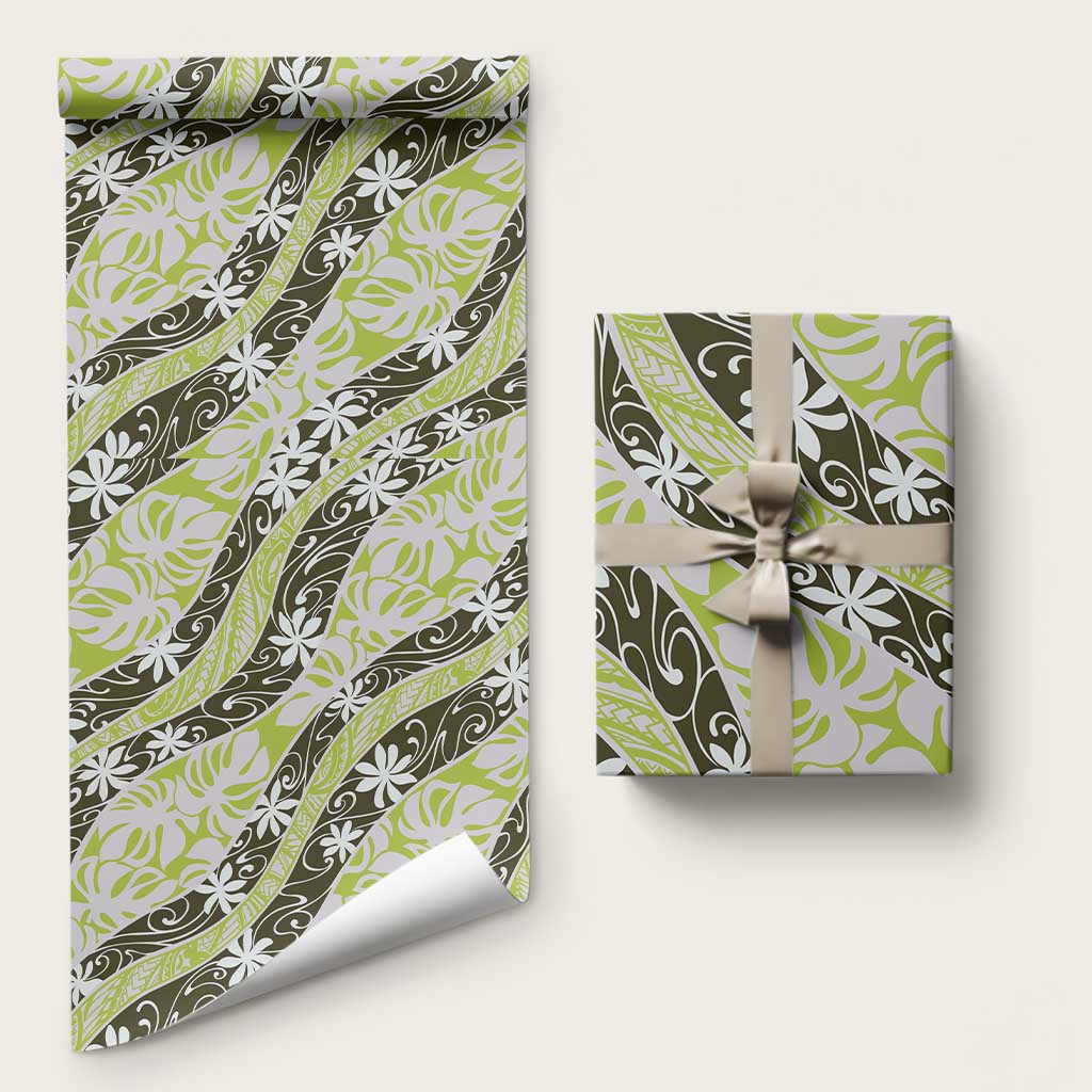 Olive Tahiti Tiare Monstera Wrapping Paper Polynesian Pattern Curve Style - Polynesian Pride