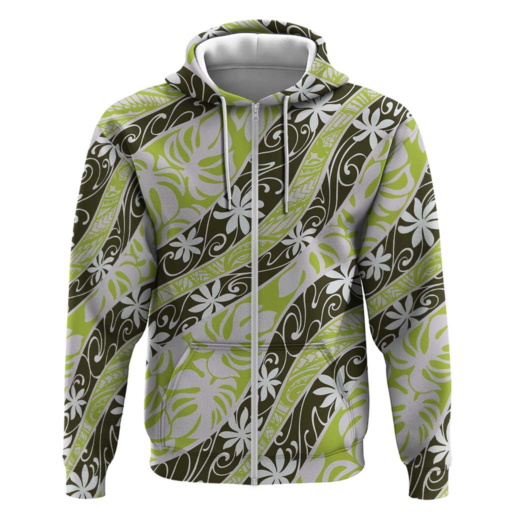 Olive Tahiti Tiare Monstera Zip Hoodie Polynesian Pattern Curve Style LT01 Zip Hoodie Olive - Polynesian Pride