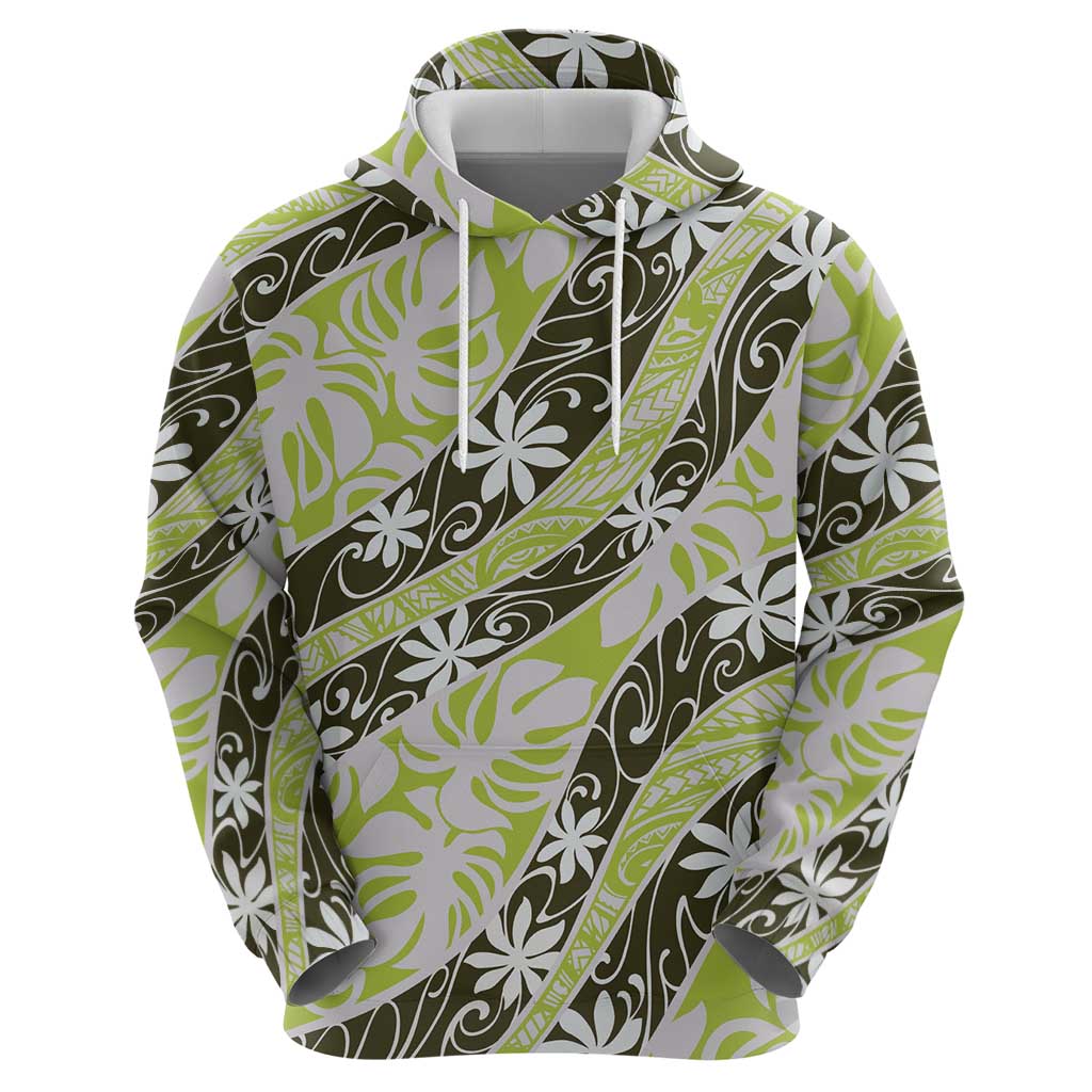Olive Tahiti Tiare Monstera Zip Hoodie Polynesian Pattern Curve Style LT01 - Polynesian Pride