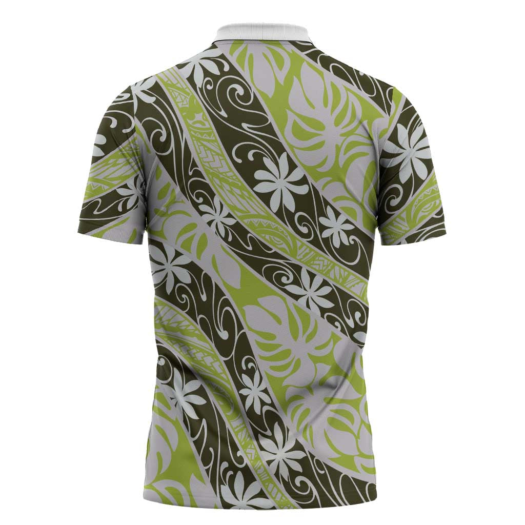 Olive Tahiti Tiare Monstera Zipper Polo Shirt Polynesian Pattern Curve Style - Polynesian Pride