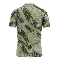 Olive Tahiti Tiare Monstera Zipper Polo Shirt Polynesian Pattern Curve Style - Polynesian Pride