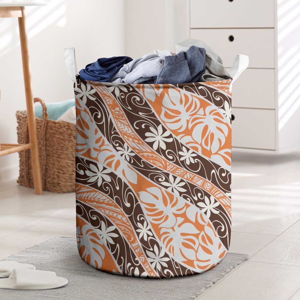 Puatou Tahiti Tiare Monstera Laundry Basket Polynesian Pattern Curve Style LT01 Orange - Polynesian Pride