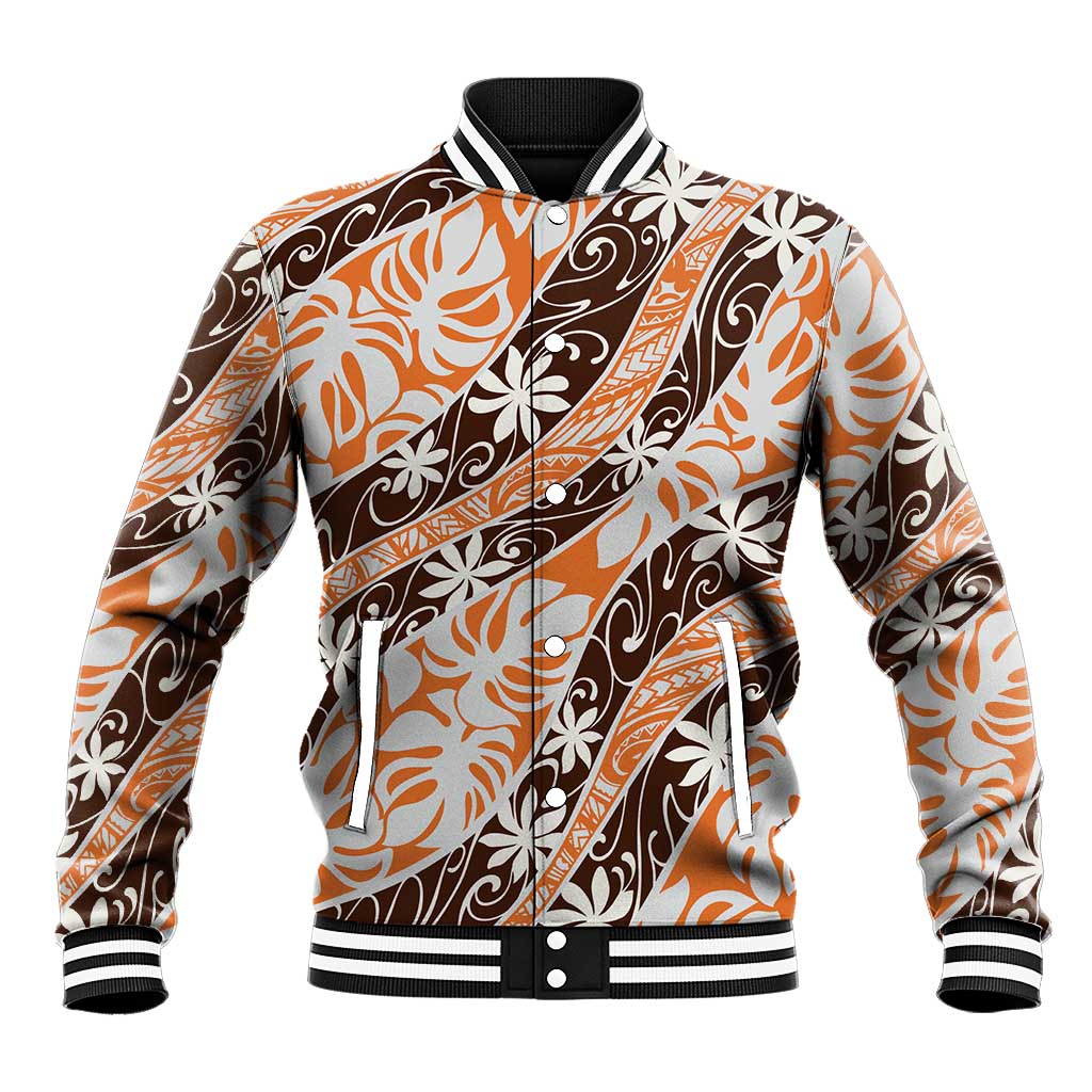 Puatou Tahiti Tiare Monstera Baseball Jacket Polynesian Pattern Curve Style LT01 Unisex Orange - Polynesian Pride