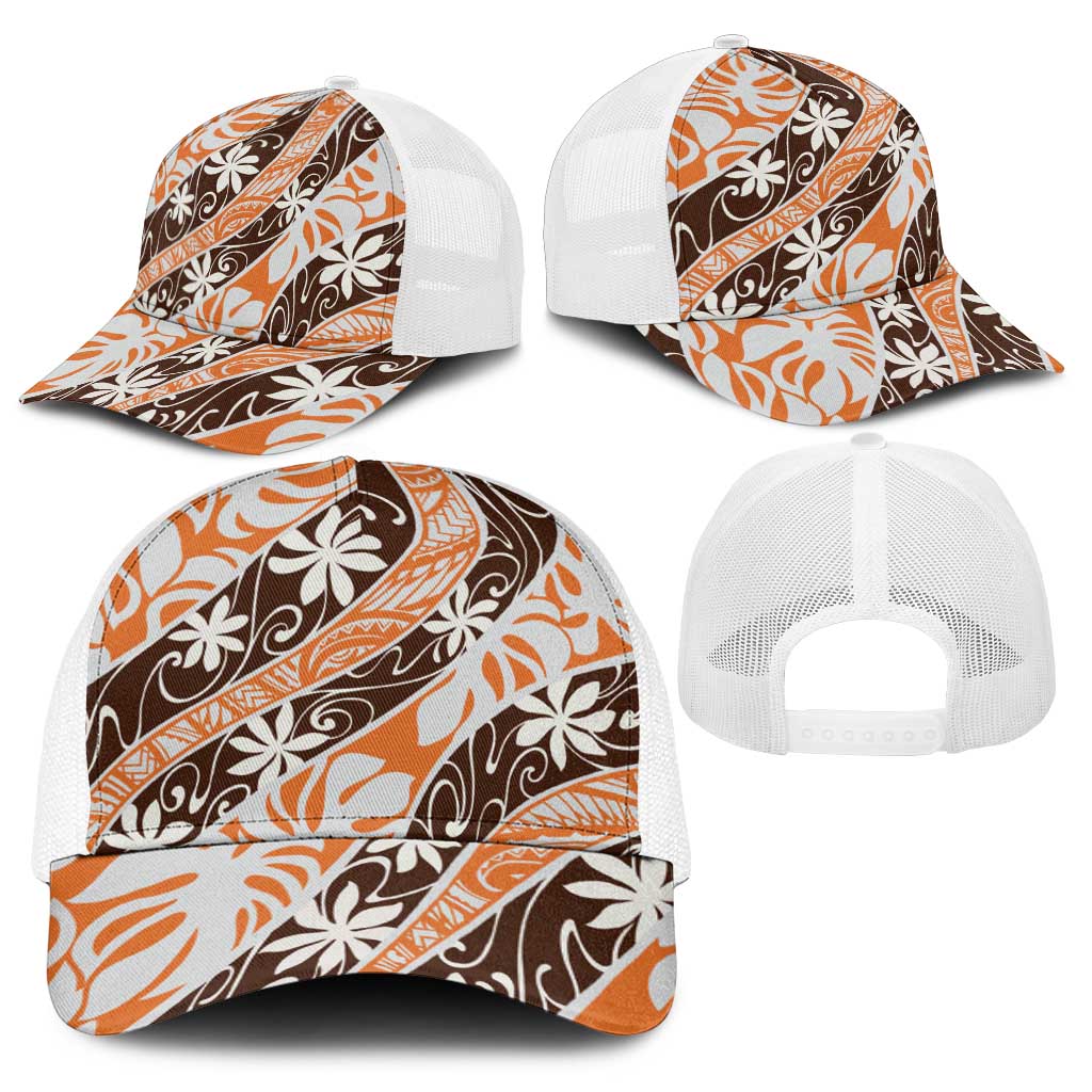 Puatou Tahiti Tiare Monstera Baseball Net Cap Polynesian Pattern Curve Style - Polynesian Pride