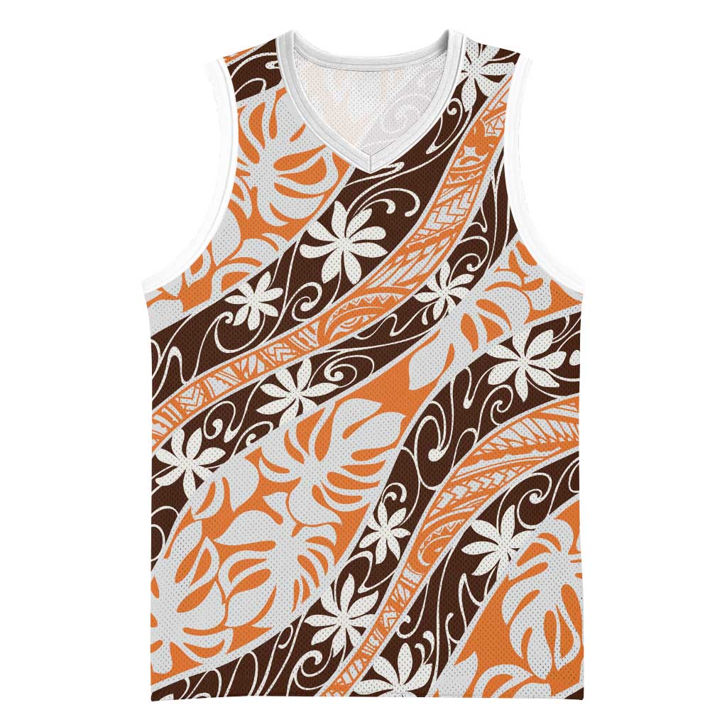 Puatou Tahiti Tiare Monstera Basketball Jersey Polynesian Pattern Curve Style LT01 Unisex Orange - Polynesian Pride