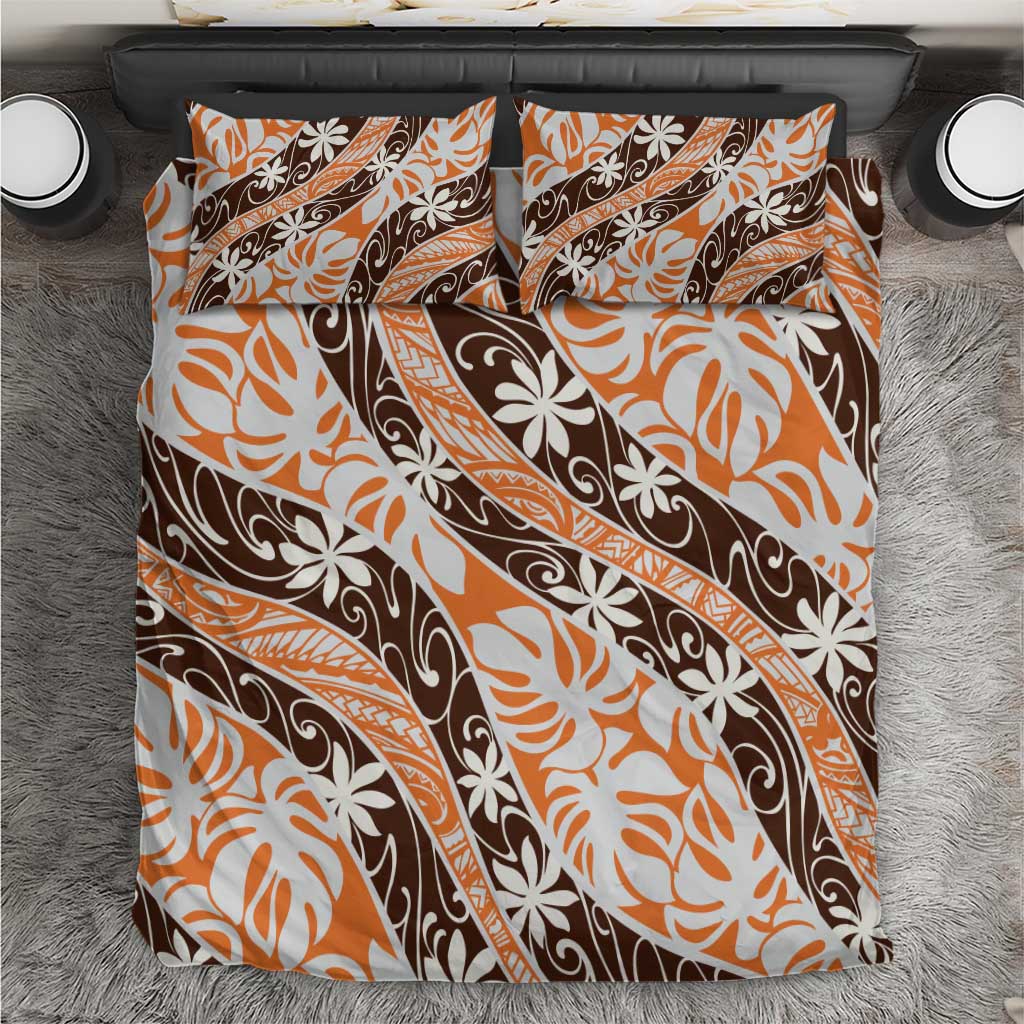 Puatou Tahiti Tiare Monstera Bedding Set Polynesian Pattern Curve Style LT01 Orange - Polynesian Pride
