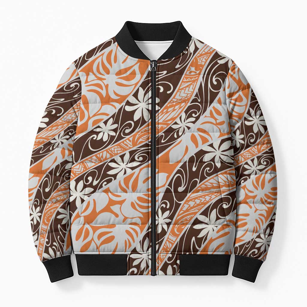 Puatou Tahiti Tiare Monstera Bomber Puffer Jacket Polynesian Pattern Curve Style LT01 Unisex Orange - Polynesian Pride