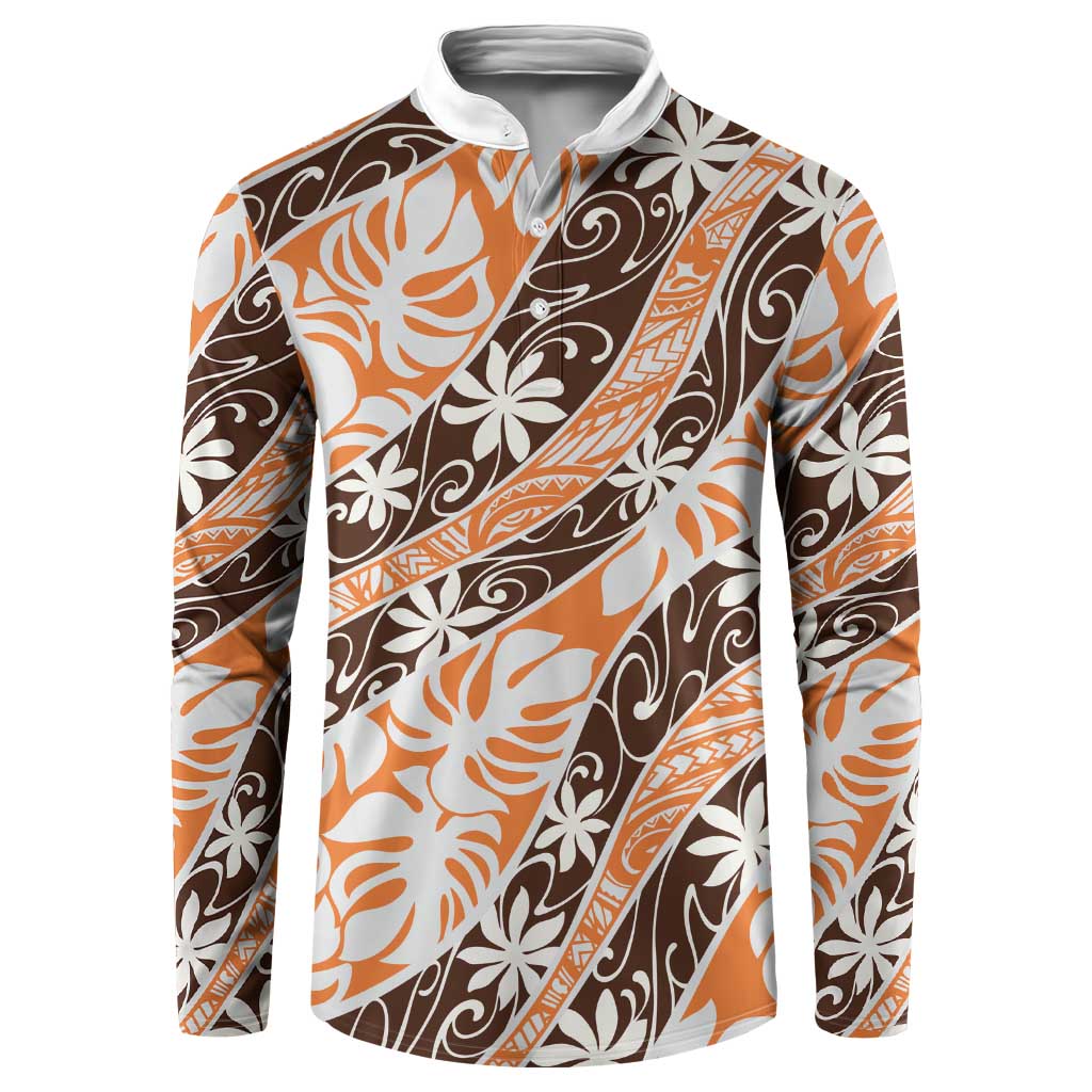 Puatou Tahiti Tiare Monstera Button Sweatshirt Polynesian Pattern Curve Style LT01 Orange - Polynesian Pride