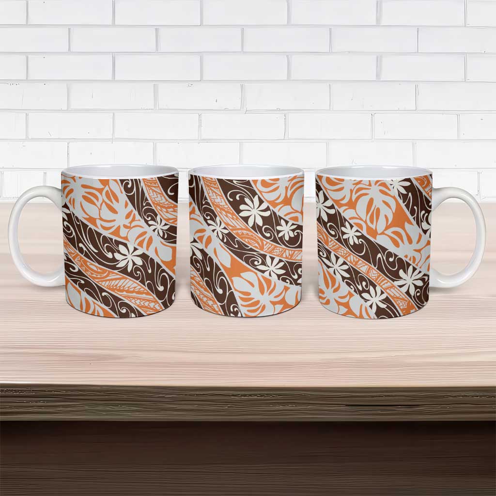 Puatou Tahiti Tiare Monstera Ceramic Mug Polynesian Pattern Curve Style - Polynesian Pride