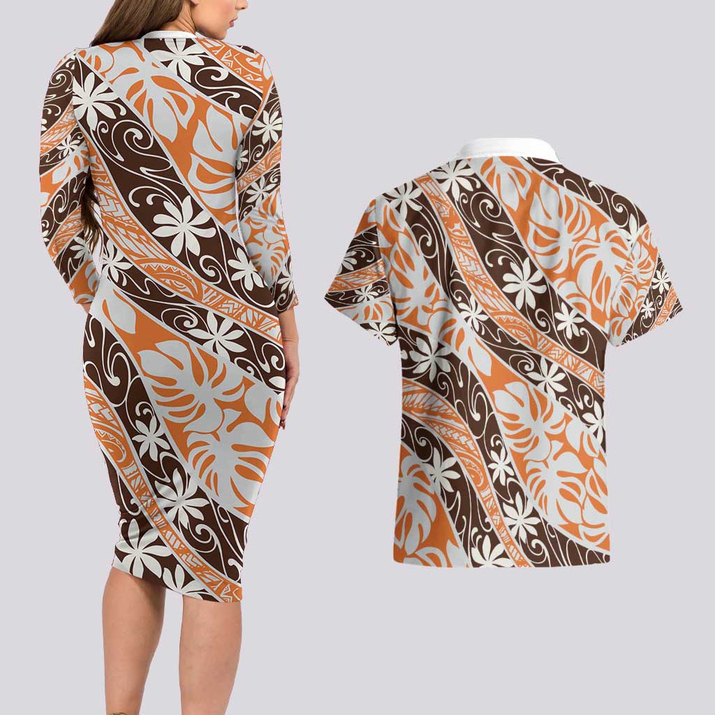 Puatou Tahiti Tiare Monstera Couples Matching Long Sleeve Bodycon Dress and Hawaiian Shirt Polynesian Pattern Curve Style - Polynesian Pride
