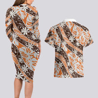 Puatou Tahiti Tiare Monstera Couples Matching Long Sleeve Bodycon Dress and Hawaiian Shirt Polynesian Pattern Curve Style - Polynesian Pride