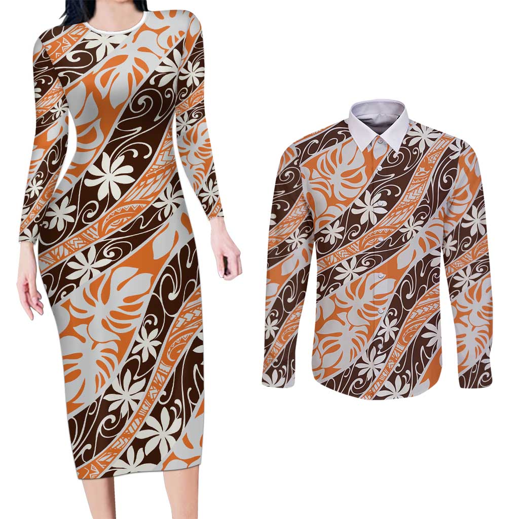 Puatou Tahiti Tiare Monstera Couples Matching Long Sleeve Bodycon Dress and Long Sleeve Button Shirt Polynesian Pattern Curve Style LT01 Orange - Polynesian Pride