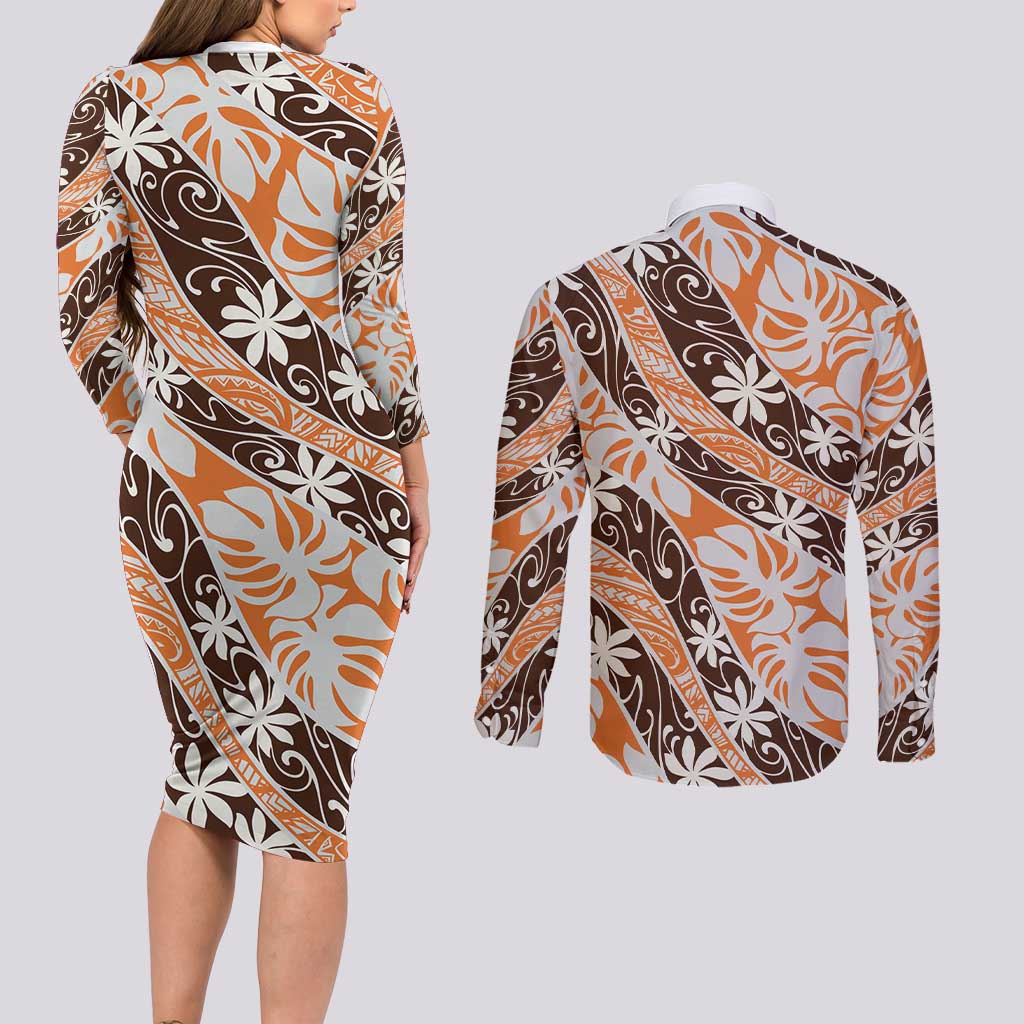 Puatou Tahiti Tiare Monstera Couples Matching Long Sleeve Bodycon Dress and Long Sleeve Button Shirt Polynesian Pattern Curve Style LT01 - Polynesian Pride