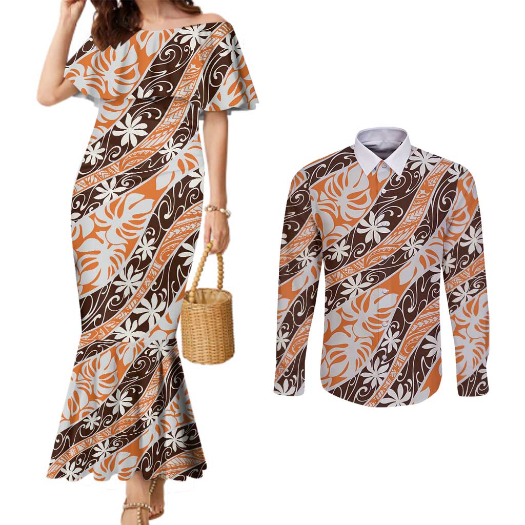 Puatou Tahiti Tiare Monstera Couples Matching Mermaid Dress and Long Sleeve Button Shirt Polynesian Pattern Curve Style LT01 Orange - Polynesian Pride
