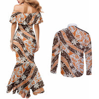 Puatou Tahiti Tiare Monstera Couples Matching Mermaid Dress and Long Sleeve Button Shirt Polynesian Pattern Curve Style LT01 - Polynesian Pride