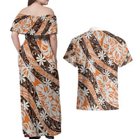 Puatou Tahiti Tiare Monstera Couples Matching Off Shoulder Maxi Dress and Hawaiian Shirt Polynesian Pattern Curve Style - Polynesian Pride