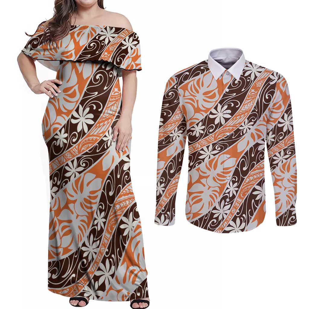Puatou Tahiti Tiare Monstera Couples Matching Off Shoulder Maxi Dress and Long Sleeve Button Shirt Polynesian Pattern Curve Style LT01 Orange - Polynesian Pride