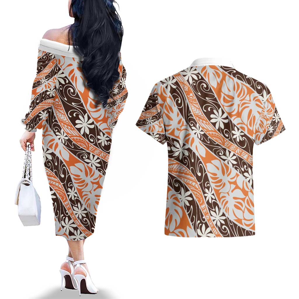 Puatou Tahiti Tiare Monstera Couples Matching Off The Shoulder Long Sleeve Dress and Hawaiian Shirt Polynesian Pattern Curve Style - Polynesian Pride
