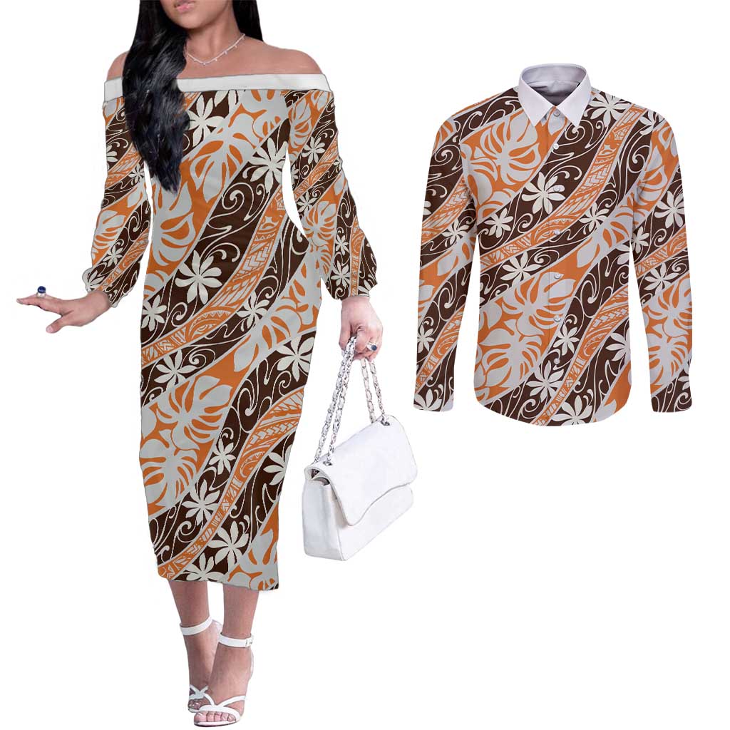 Puatou Tahiti Tiare Monstera Couples Matching Off The Shoulder Long Sleeve Dress and Long Sleeve Button Shirt Polynesian Pattern Curve Style LT01 Orange - Polynesian Pride