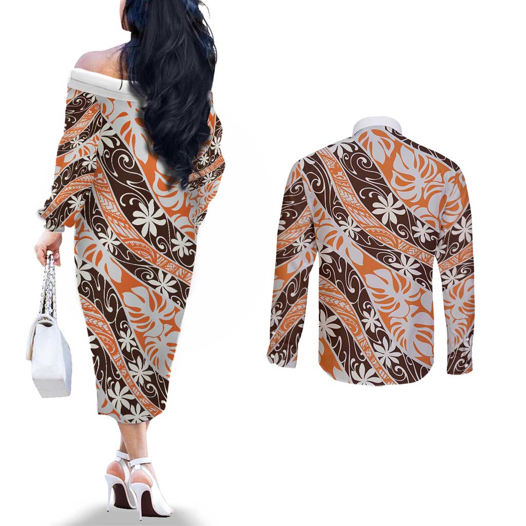 Puatou Tahiti Tiare Monstera Couples Matching Off The Shoulder Long Sleeve Dress and Long Sleeve Button Shirt Polynesian Pattern Curve Style LT01 - Polynesian Pride