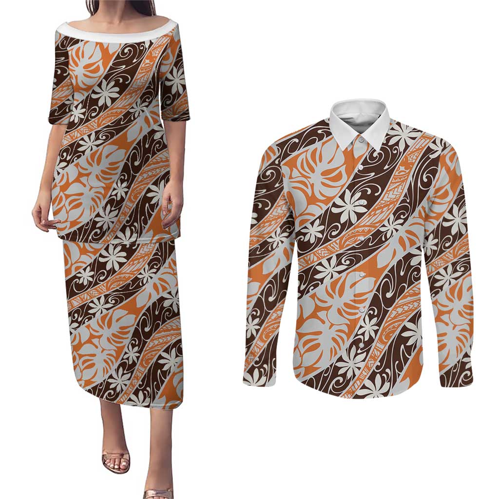 Puatou Tahiti Tiare Monstera Couples Matching Puletasi and Long Sleeve Button Shirt Polynesian Pattern Curve Style LT01 Orange - Polynesian Pride
