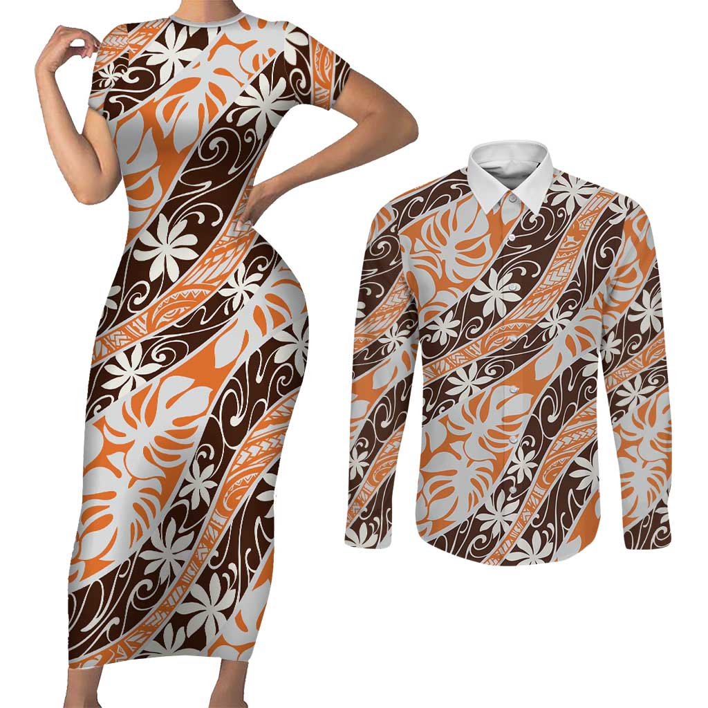 Puatou Tahiti Tiare Monstera Couples Matching Short Sleeve Bodycon Dress and Long Sleeve Button Shirt Polynesian Pattern Curve Style LT01 Orange - Polynesian Pride