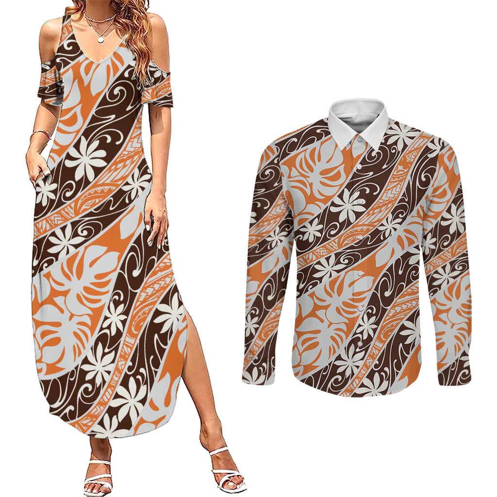 Puatou Tahiti Tiare Monstera Couples Matching Summer Maxi Dress and Long Sleeve Button Shirt Polynesian Pattern Curve Style LT01 Orange - Polynesian Pride