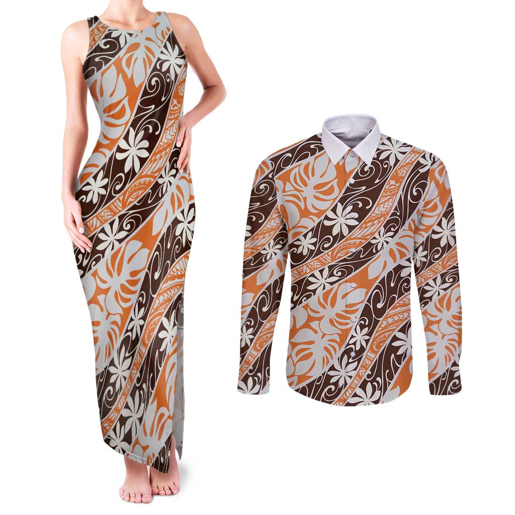 Puatou Tahiti Tiare Monstera Couples Matching Tank Maxi Dress and Long Sleeve Button Shirt Polynesian Pattern Curve Style LT01 Orange - Polynesian Pride