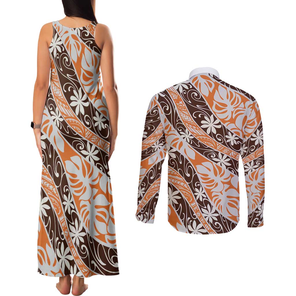 Puatou Tahiti Tiare Monstera Couples Matching Tank Maxi Dress and Long Sleeve Button Shirt Polynesian Pattern Curve Style - Polynesian Pride