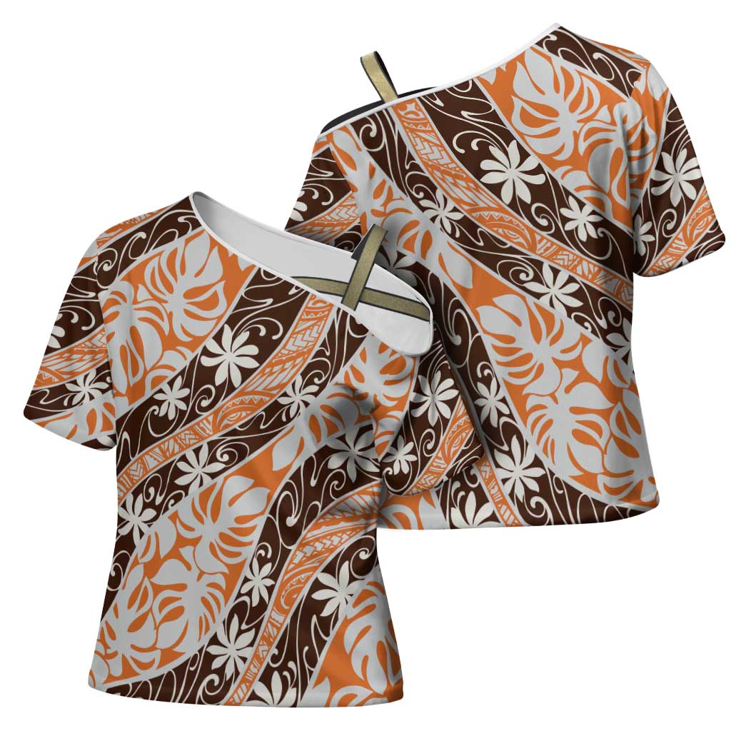 Puatou Tahiti Tiare Monstera Cross Shoulder Shirt Polynesian Pattern Curve Style LT01 - Polynesian Pride
