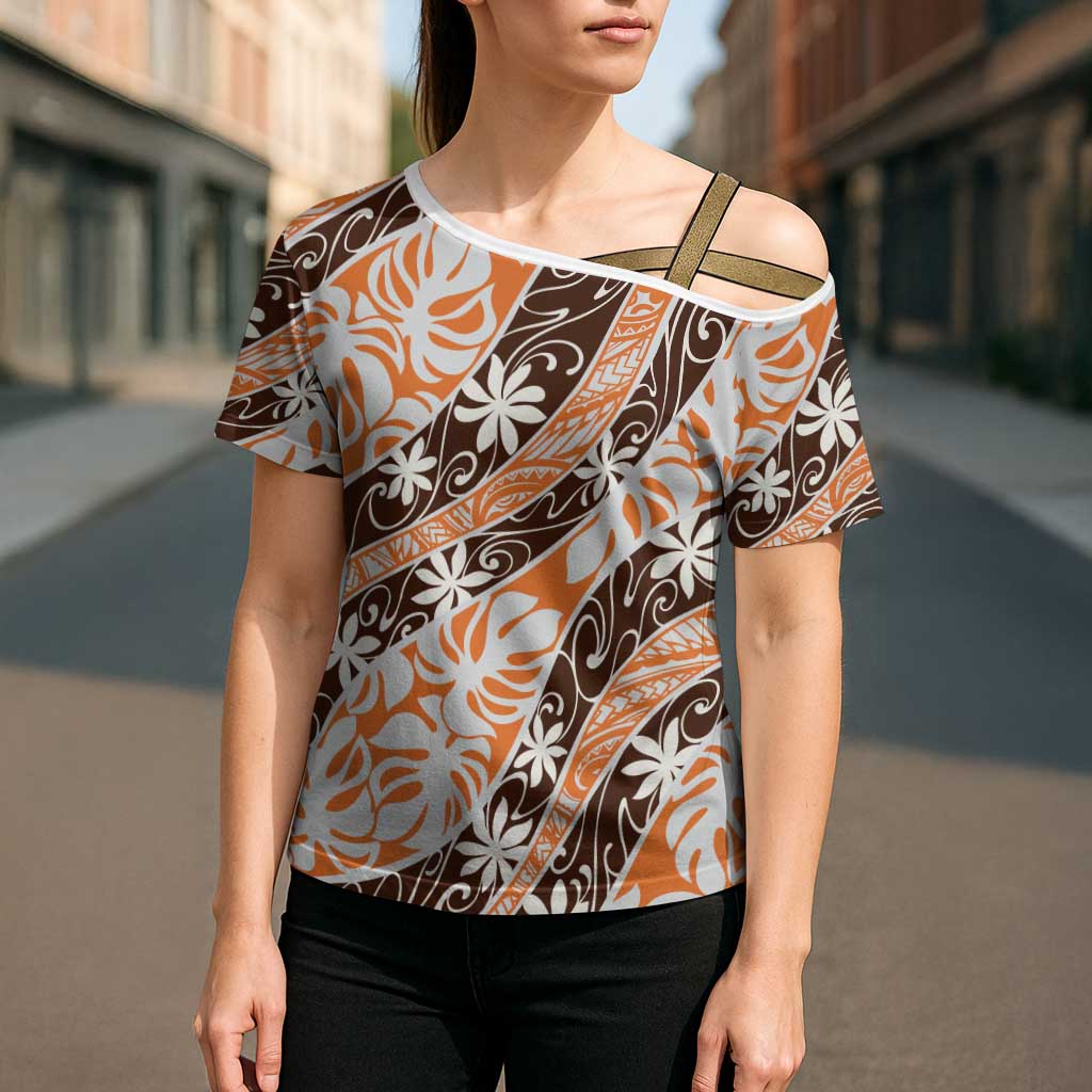 Puatou Tahiti Tiare Monstera Cross Shoulder Shirt Polynesian Pattern Curve Style LT01 - Polynesian Pride