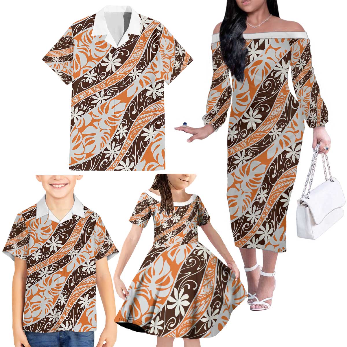 Puatou Tahiti Tiare Monstera Family Matching Off The Shoulder Long Sleeve Dress and Hawaiian Shirt Polynesian Pattern Curve Style - Polynesian Pride