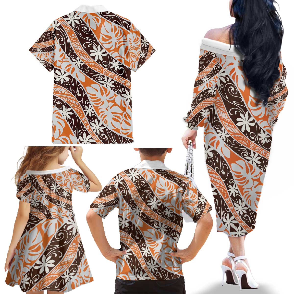 Puatou Tahiti Tiare Monstera Family Matching Off The Shoulder Long Sleeve Dress and Hawaiian Shirt Polynesian Pattern Curve Style - Polynesian Pride