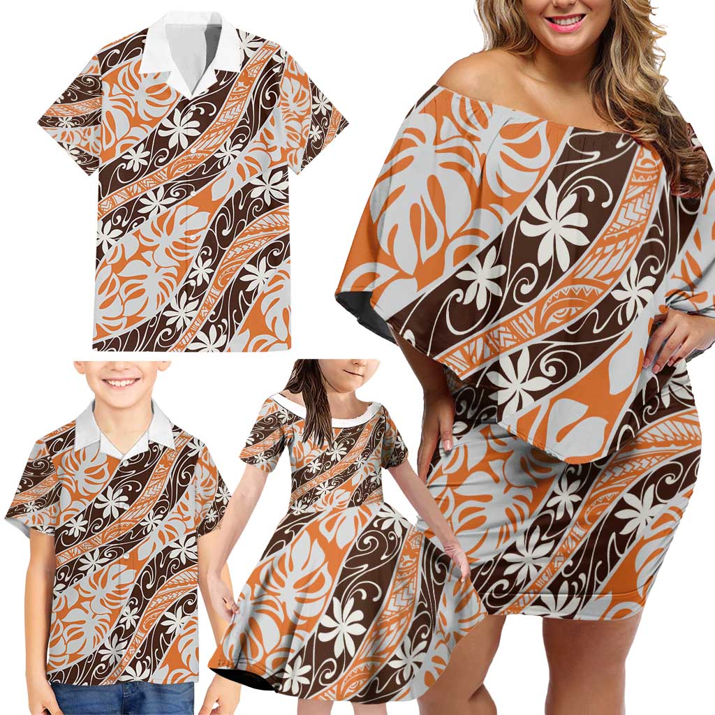 Puatou Tahiti Tiare Monstera Family Matching Off Shoulder Short Dress and Hawaiian Shirt Polynesian Pattern Curve Style - Polynesian Pride