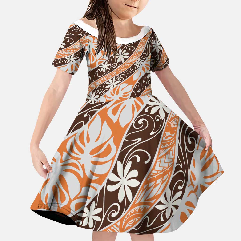 Puatou Tahiti Tiare Monstera Family Matching Puletasi and Hawaiian Shirt Polynesian Pattern Curve Style LT01 Daughter's Dress Orange - Polynesian Pride