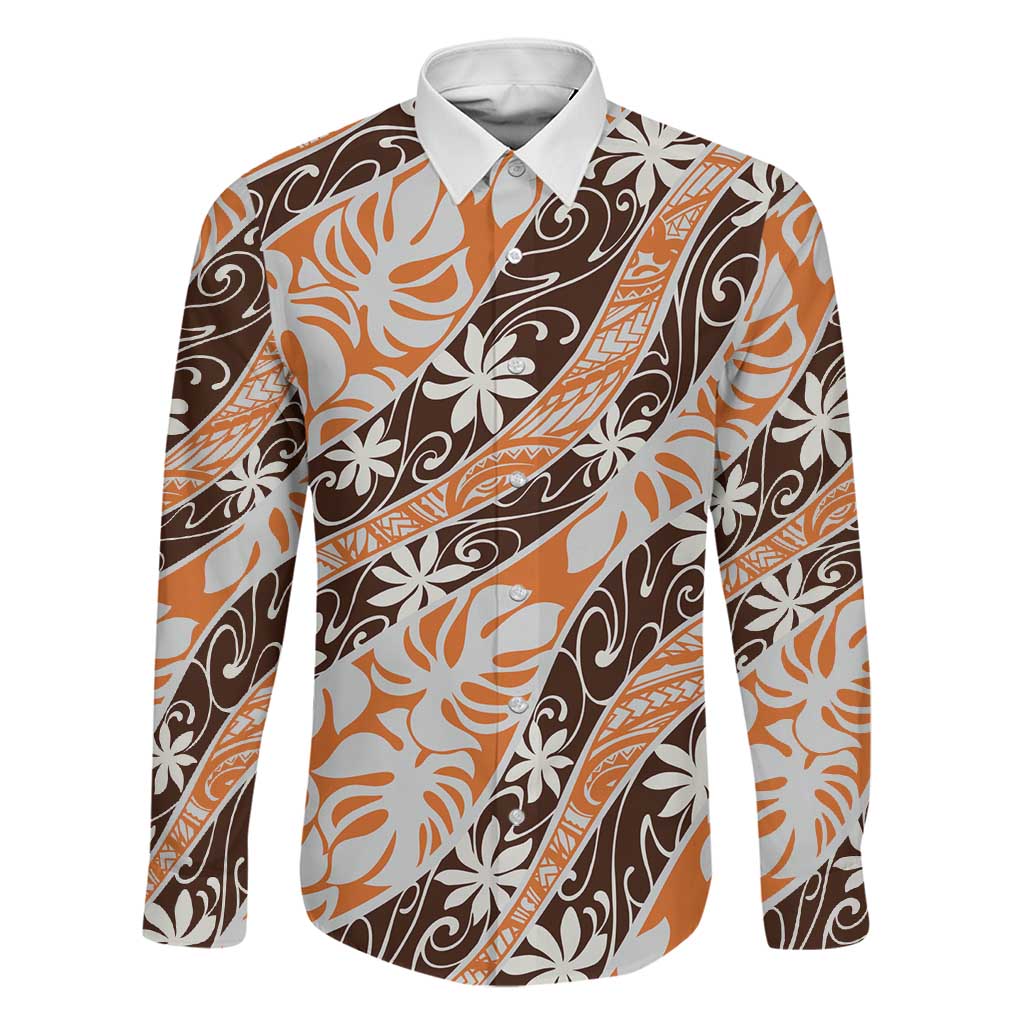 Puatou Tahiti Tiare Monstera Family Matching Puletasi and Hawaiian Shirt Polynesian Pattern Curve Style LT01 Dad's Shirt - Long Sleeve Orange - Polynesian Pride