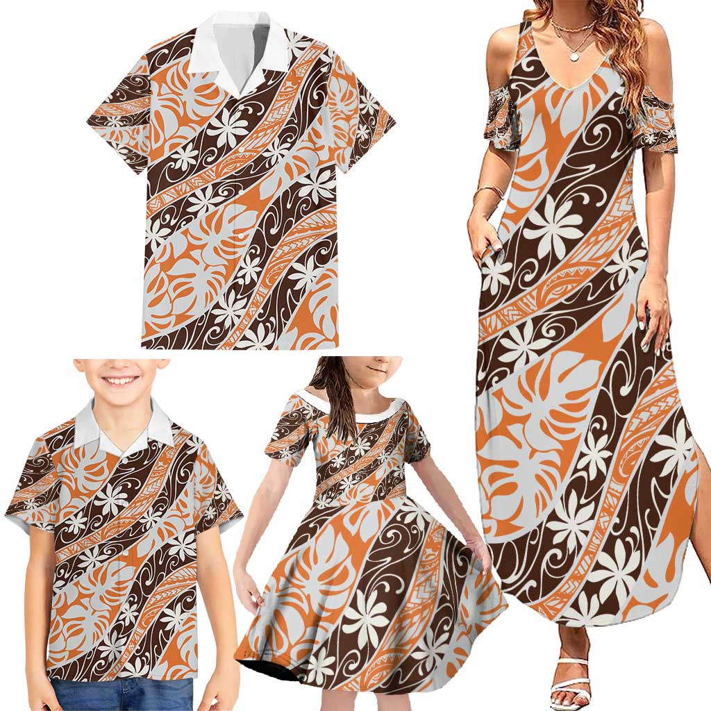 Puatou Tahiti Tiare Monstera Family Matching Summer Maxi Dress and Hawaiian Shirt Polynesian Pattern Curve Style - Polynesian Pride