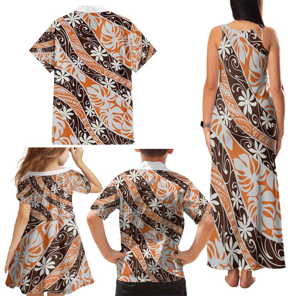 Puatou Tahiti Tiare Monstera Family Matching Tank Maxi Dress and Hawaiian Shirt Polynesian Pattern Curve Style - Polynesian Pride