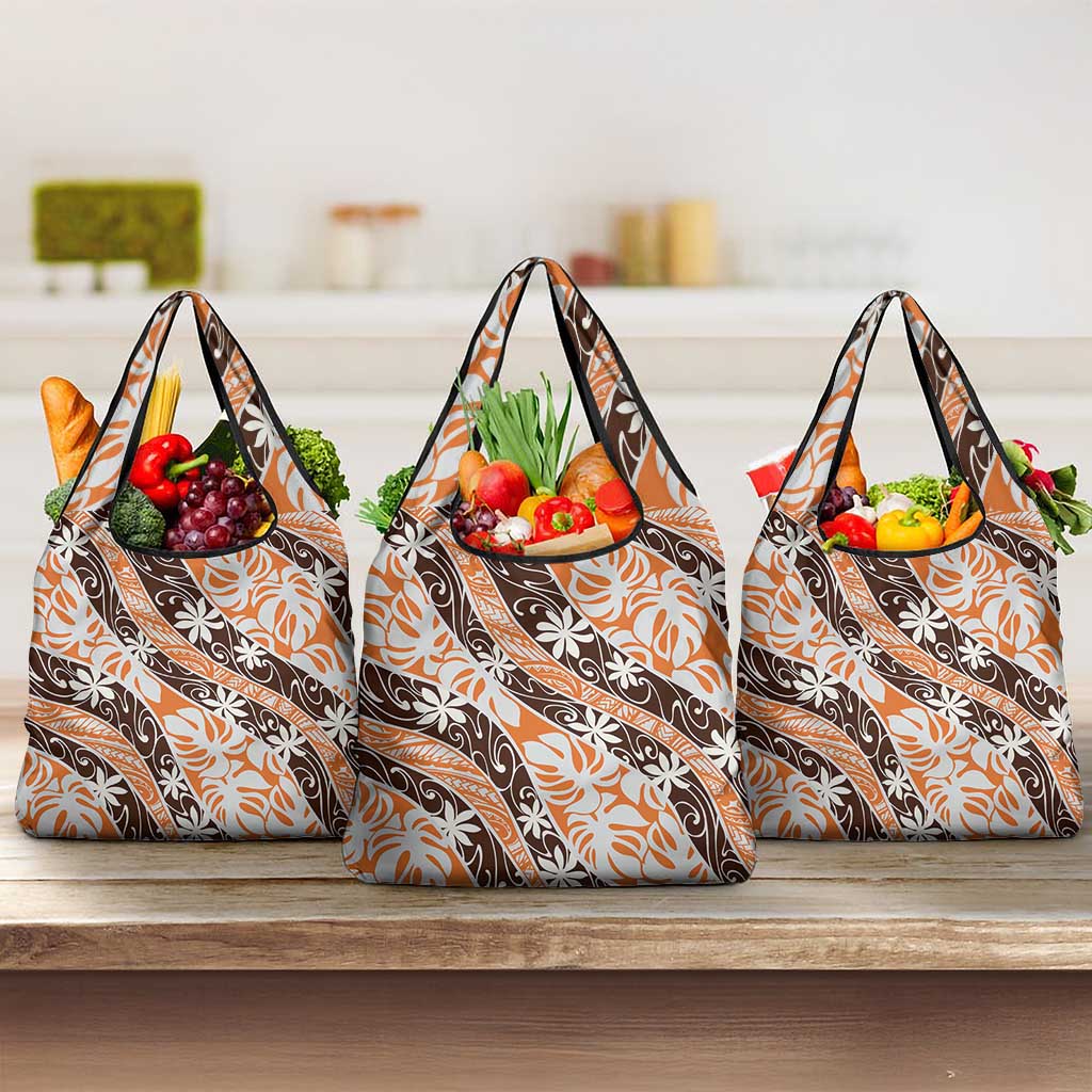 Puatou Tahiti Tiare Monstera Grocery Bag Polynesian Pattern Curve Style - Polynesian Pride