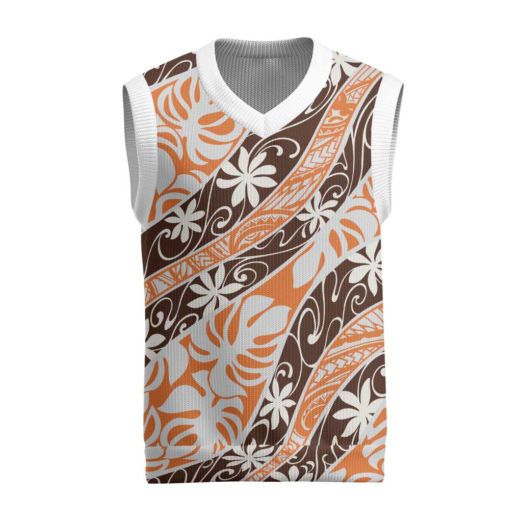 Puatou Tahiti Tiare Monstera Christmas Knitted V-Neck Vest Polynesian Pattern Curve Style LT01 Orange - Polynesian Pride