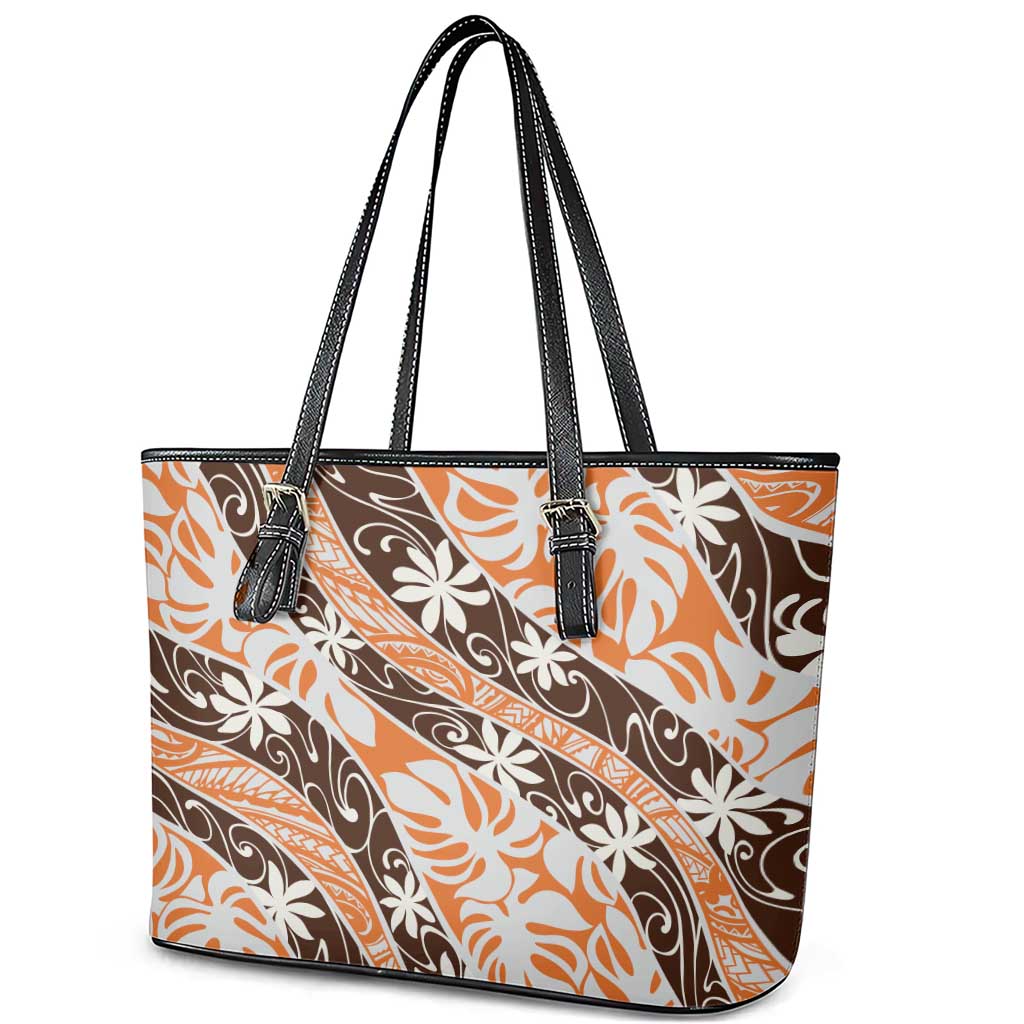 Puatou Tahiti Tiare Monstera Leather Tote Bag Polynesian Pattern Curve Style - Polynesian Pride