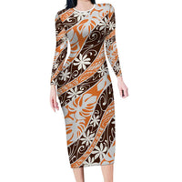 Puatou Tahiti Tiare Monstera Long Sleeve Bodycon Dress Polynesian Pattern Curve Style - Polynesian Pride