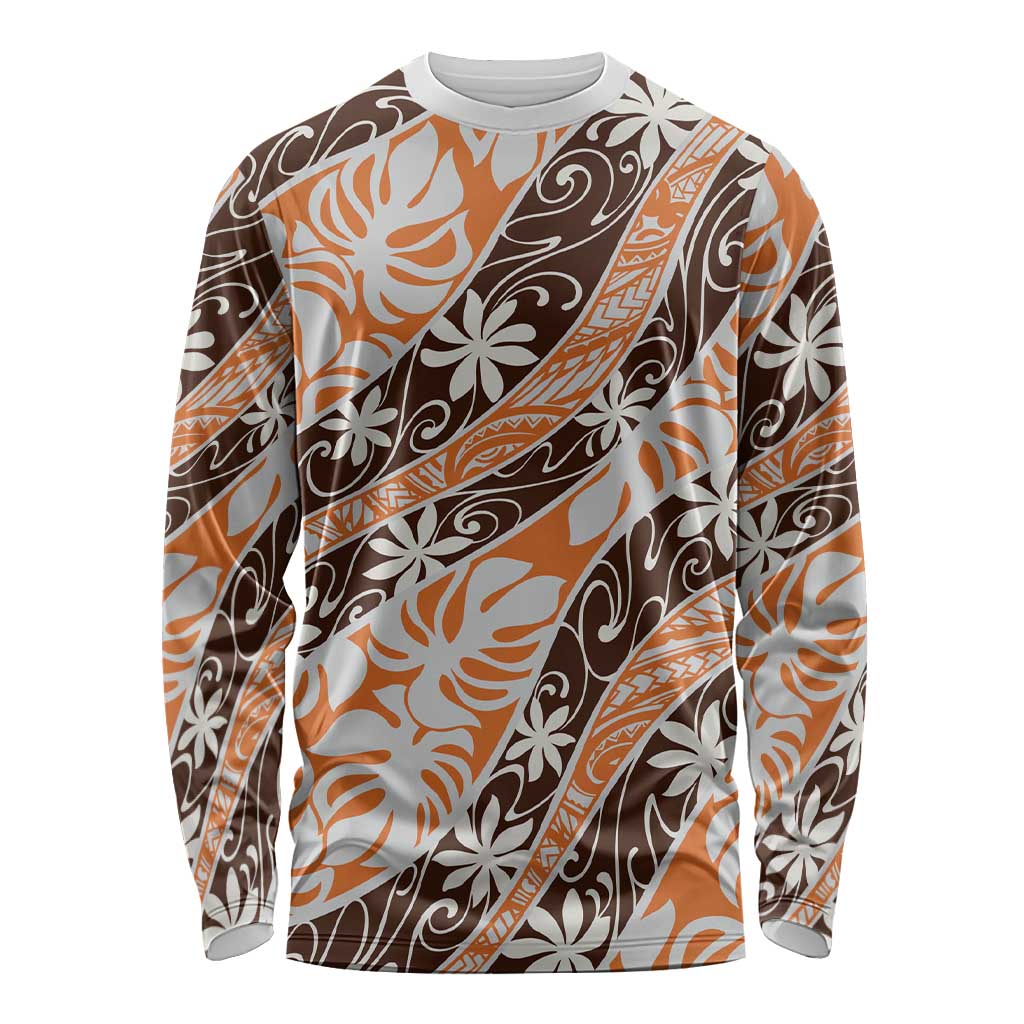 Puatou Tahiti Tiare Monstera Long Sleeve Shirt Polynesian Pattern Curve Style LT01 Unisex Orange - Polynesian Pride