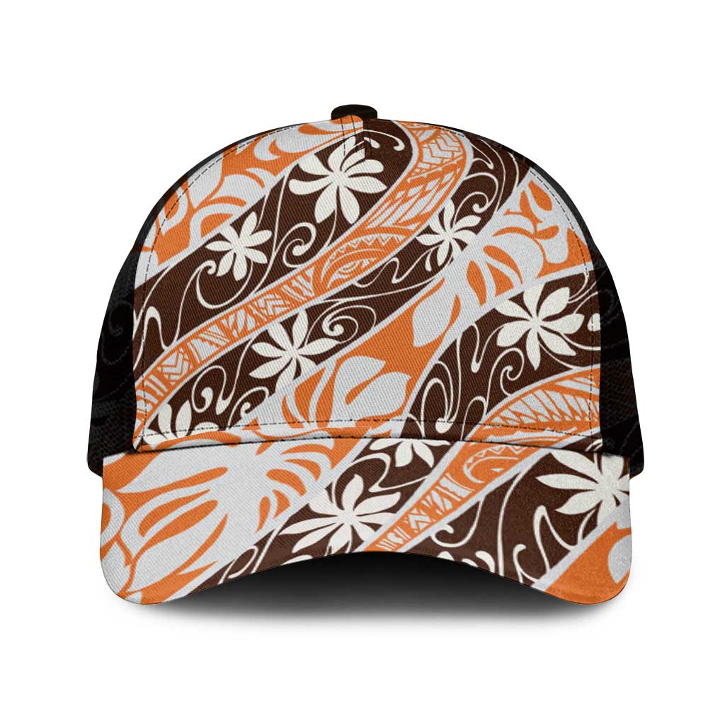 Puatou Tahiti Tiare Monstera Mesh Trucker Cap Polynesian Pattern Curve Style - Polynesian Pride
