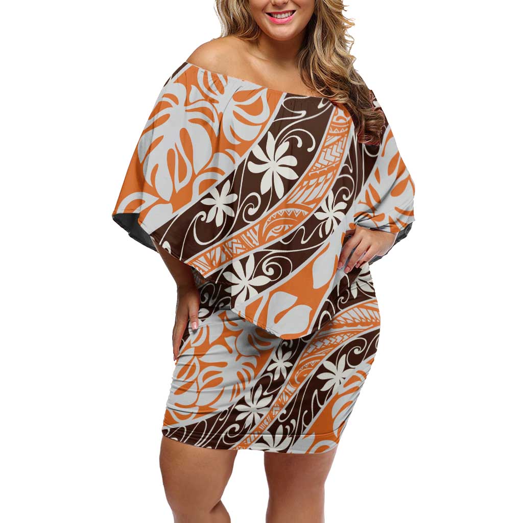 Puatou Tahiti Tiare Monstera Off Shoulder Short Dress Polynesian Pattern Curve Style - Polynesian Pride