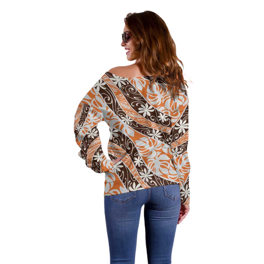 Puatou Tahiti Tiare Monstera Off Shoulder Sweater Polynesian Pattern Curve Style - Polynesian Pride