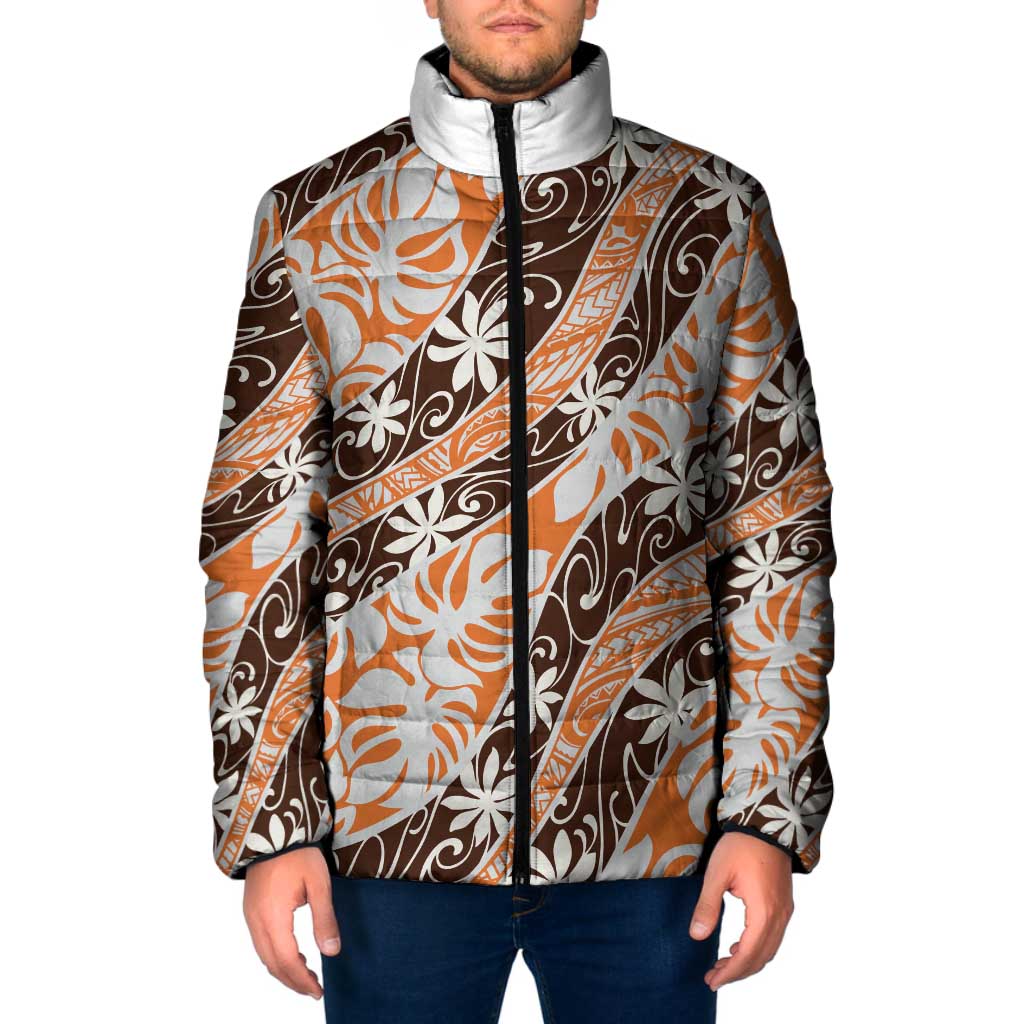 Puatou Tahiti Tiare Monstera Padded Jacket Polynesian Pattern Curve Style LT01 Men Orange - Polynesian Pride