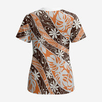 Puatou Tahiti Tiare Monstera Scrub Top Polynesian Pattern Curve Style LT01 - Polynesian Pride