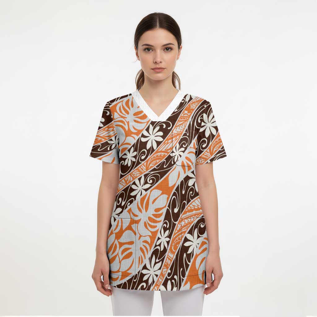 Puatou Tahiti Tiare Monstera Scrub Top Polynesian Pattern Curve Style LT01 - Polynesian Pride